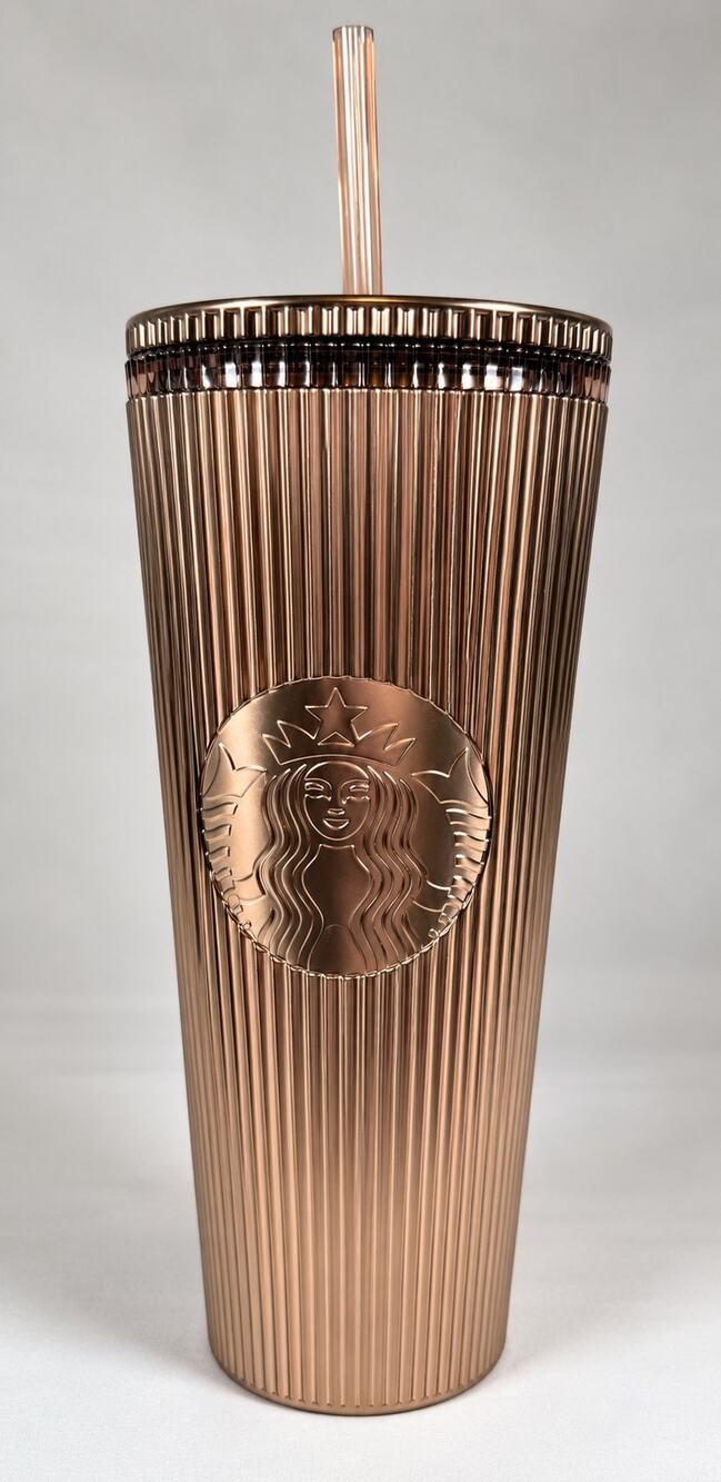 Starbucks Anniversary 2023 Rose Gold Ribbed Cold Cup Tumbler 24oz w/ Straw